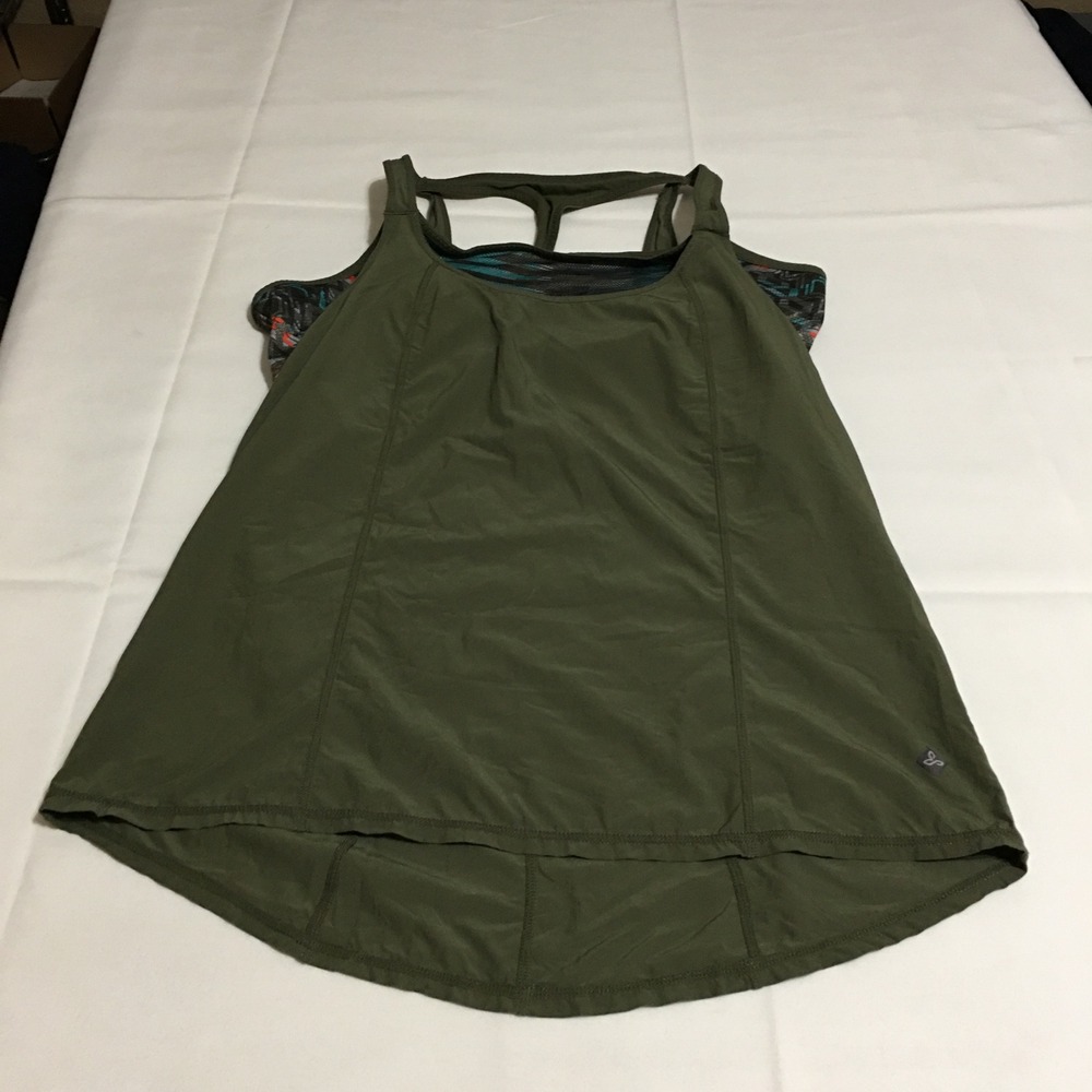 Prana Tank Top Women Large Olive Green Built-in Bra Activewear